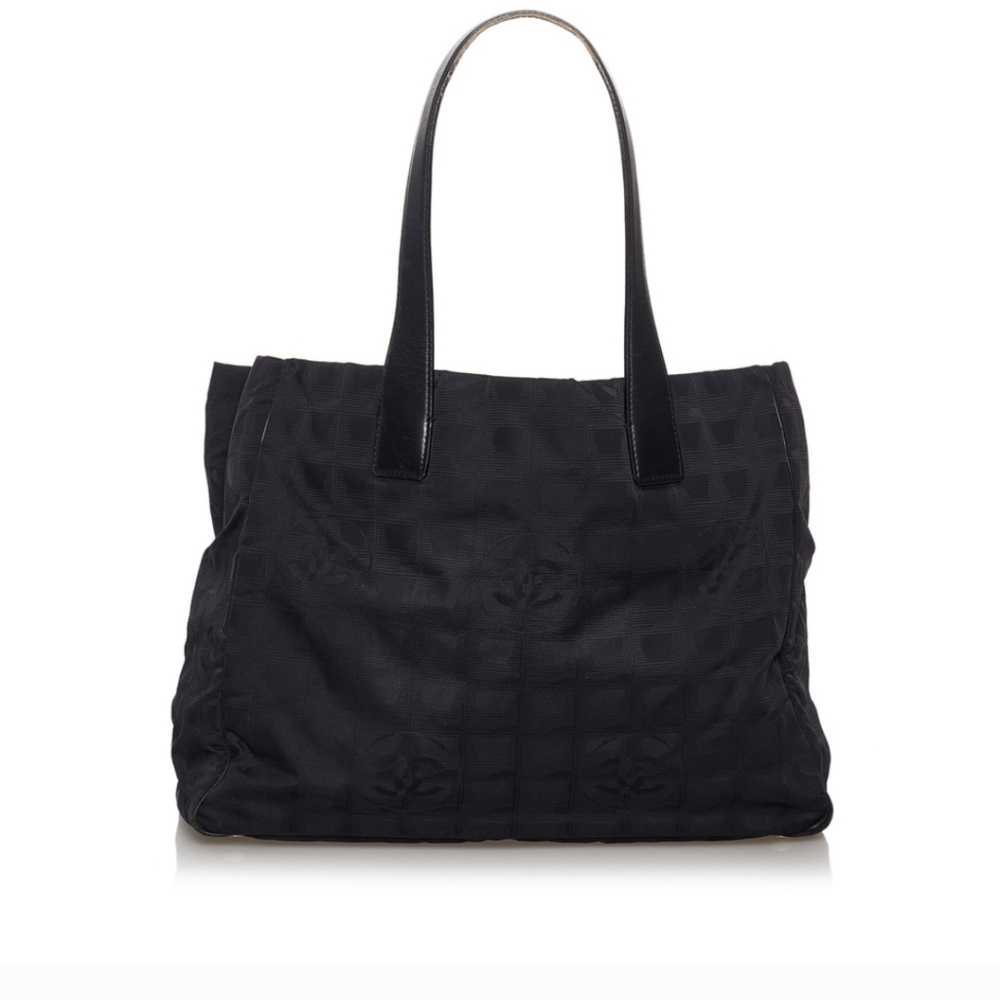 Authentic Chanel Quilted Logo Nylon Jacquard leather trim Black Tote in EUC